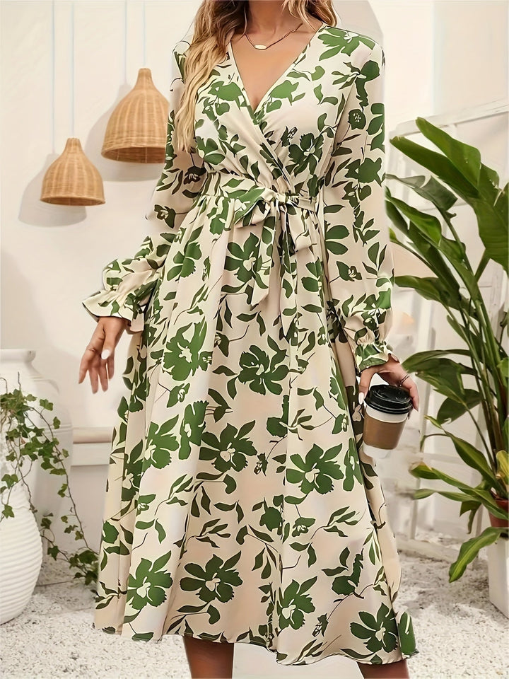 Florence – Robe Midi avec Coupe Flottante, Imprimé Floral et Manches Lanternes