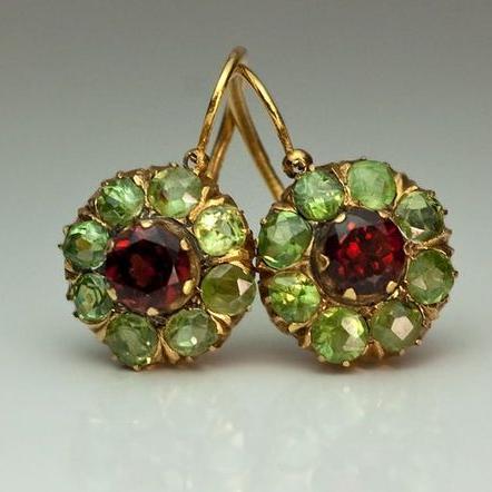 Boucles d'oreilles vintage rondes en cristal vert et rouge