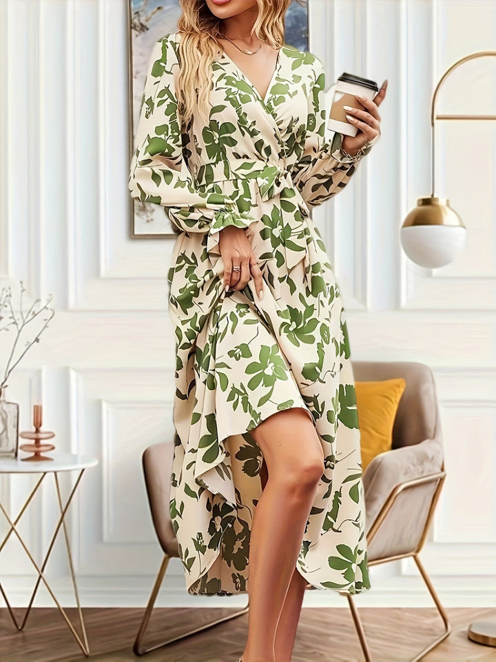 Florence – Robe Midi avec Coupe Flottante, Imprimé Floral et Manches Lanternes