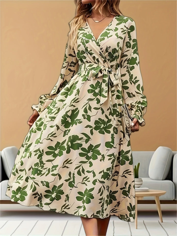 Florence – Robe Midi avec Coupe Flottante, Imprimé Floral et Manches Lanternes