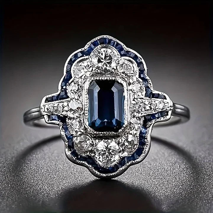 Bague en argent vintage avec cristal bleu