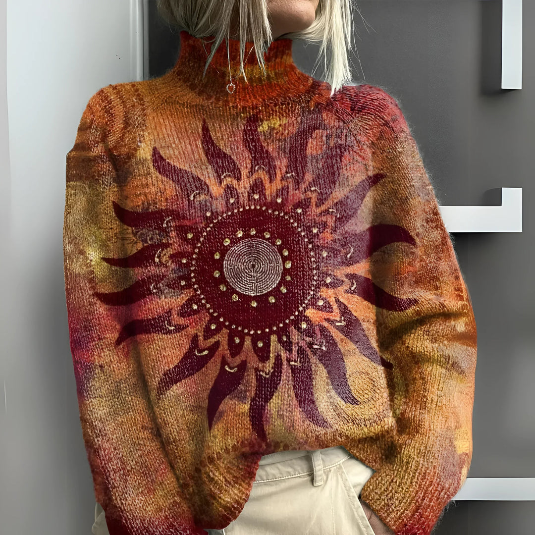 Eline - Pull col roulé en tricot chaud avec motif de soleil tribal